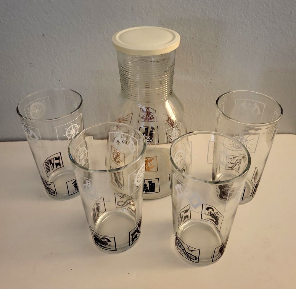 Set of 5 VTG HAZEL ATLAS MCM NAUTICAL THEME GLASSES & DECANTER BLACK WHITE GOLD